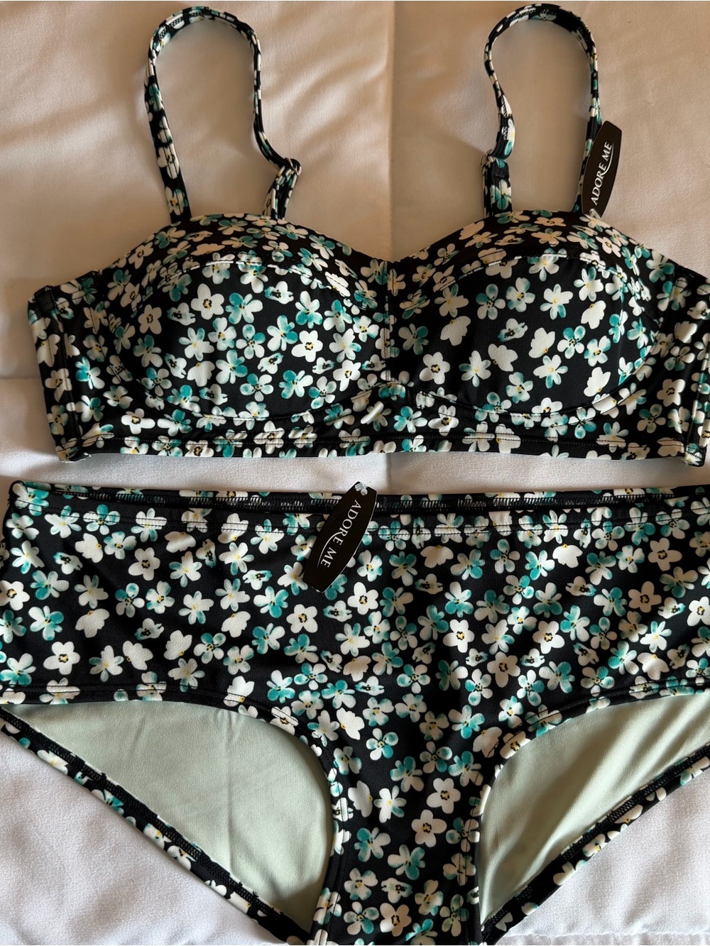 Adore Me Black Floral Bikini Set — White & Teal Flowers